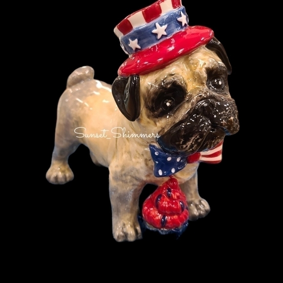 Patriotic Blue Sky PUG DOG July 4th Red White Blue Stars w Bow Tie & Cupcake New - Picture 5 of 11